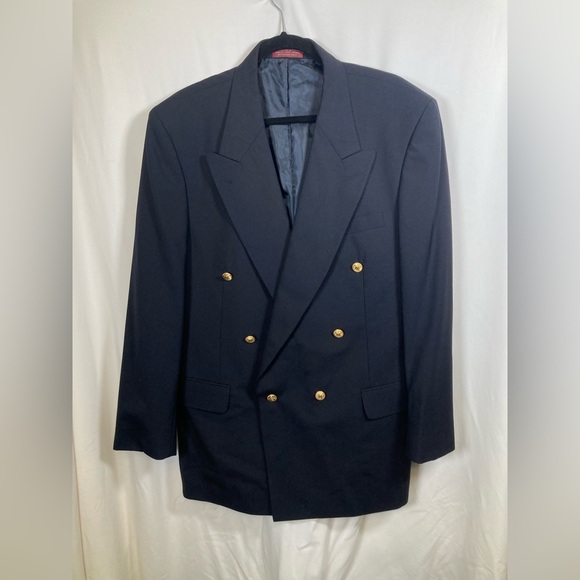 Cordovan & Grey Other - Wool Cordovan & Grey Navy Double-Breasted Blazer with Gold Buttons Sz 42L